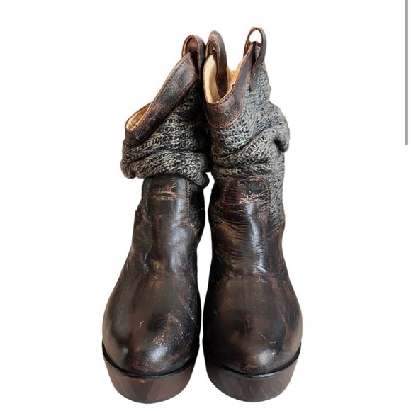 BED STU Bruges Distressed Leather Wooden Wedge Heel Boots Women’s 7.5 Knit Upper - Picture 4 of 11
